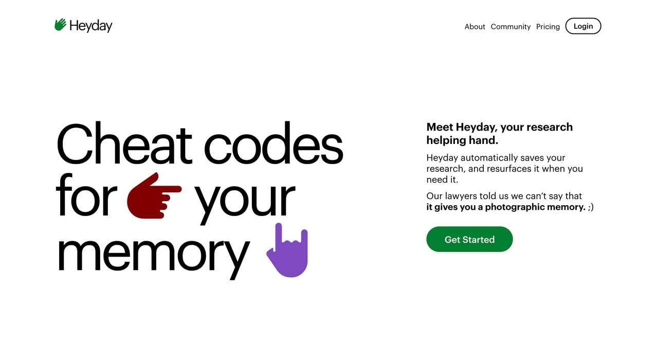 Сайт HeyDay.  Белый фон с черным текстом: «Чит-коды для вашей памяти».  Красочные смайлики рук, используемые в text.r